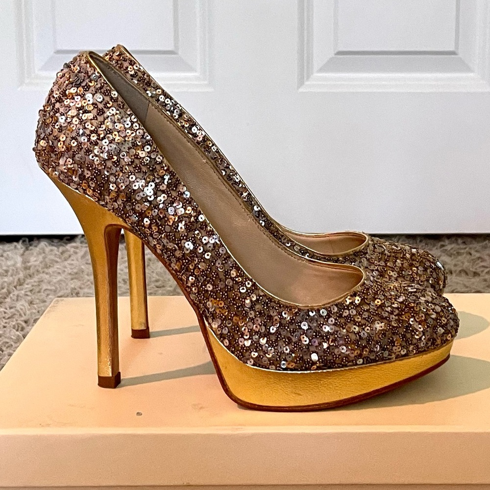 Joan and David platform pumps gold bead and iridescent sequin.  Worn once 6m.